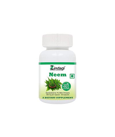 Zindagi 100% Pure Neem Extract Capsules - Dietary Supplement - Anti Bacterial Properties (60 Caps Pack of 2)