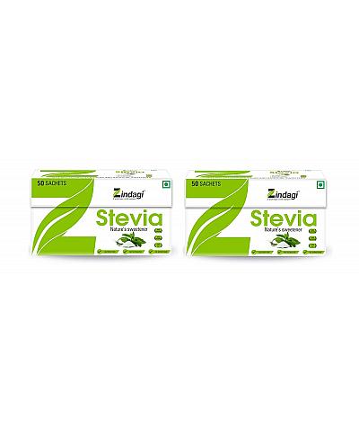 Zindagi Stevia Sachets - 100% Natural Sugar-Free Sweetener - Pure Stevia Powder Extract, 50 Sachets (Pack of 2)