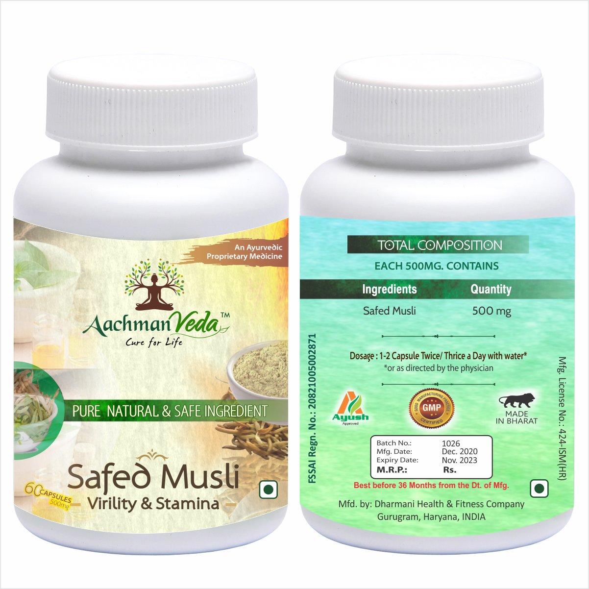 Buy Aachman Veda  Safed Musli 60 Capsules 500 Mg at Best Price Online