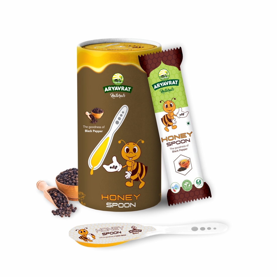 Aryavrat Naturals - Black Pepper-Kali Mirch Honey Spoon 100% Pure Organic and Natural Pack of Honey Spoons 
