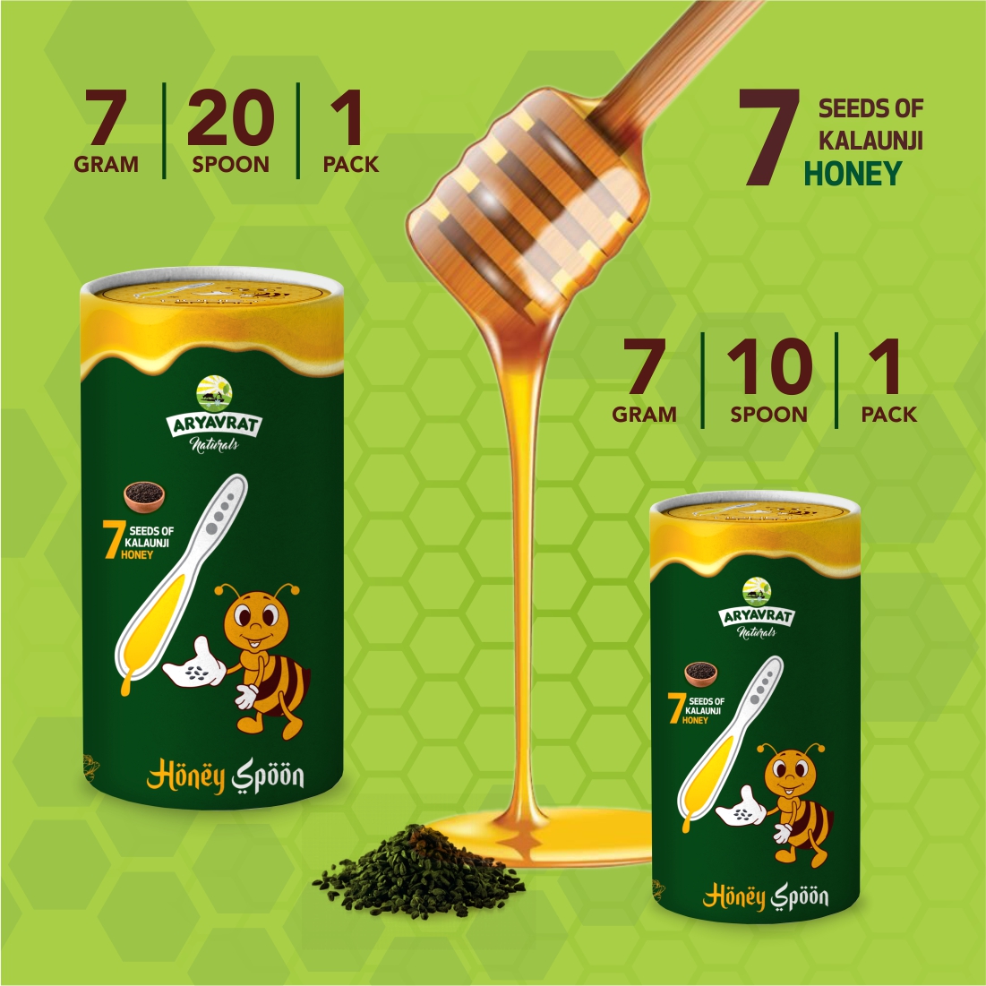 Aryavrat Naturals -7 Seeds of Kalounji Black Seeds  Honey Spoon 100% Pure Organic and Natural Pack of Honey Spoons