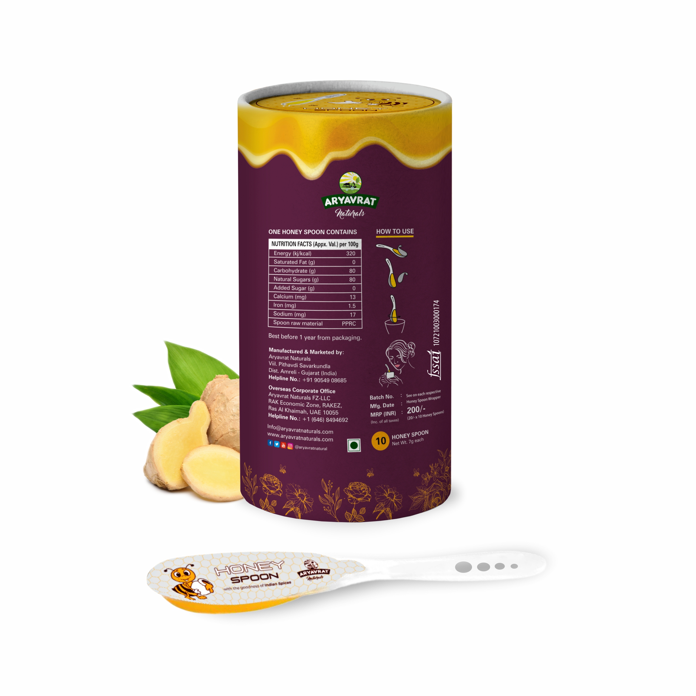 Aryavrat Naturals -Ginger- Adrak Honey Spoon 100% Pure Organic and Natural Pack of Honey Spoons