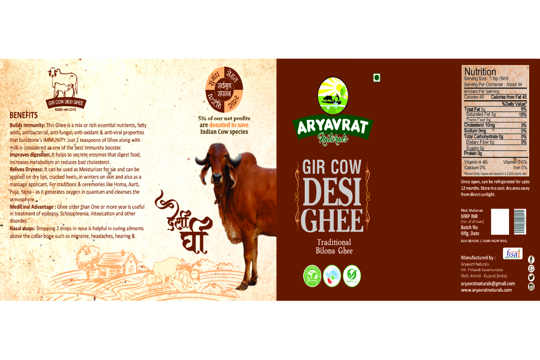 Buy Aryavrat Naturals A2 Gir Cow Ghee 100% Pure Organic and Natural at Best Price Online