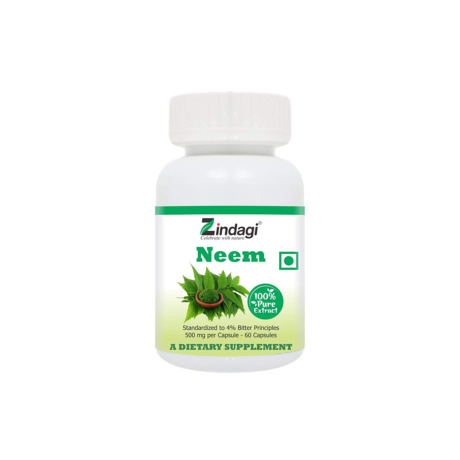 Zindagi 100% Pure Neem Extract Capsules - Dietary Supplement - Anti Bacterial Properties (60 Caps Pack of 2)