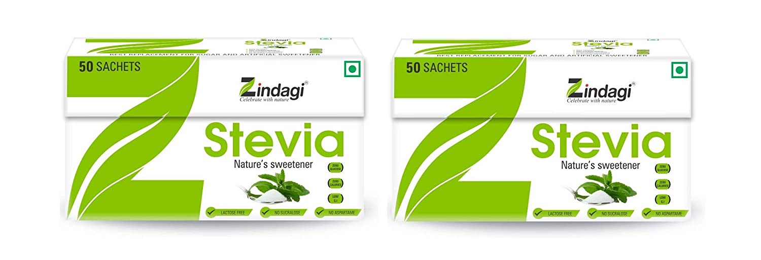 Zindagi Stevia Sachets - 100% Natural Sugar-Free Sweetener - Pure Stevia Powder Extract, 50 Sachets (Pack of 2)