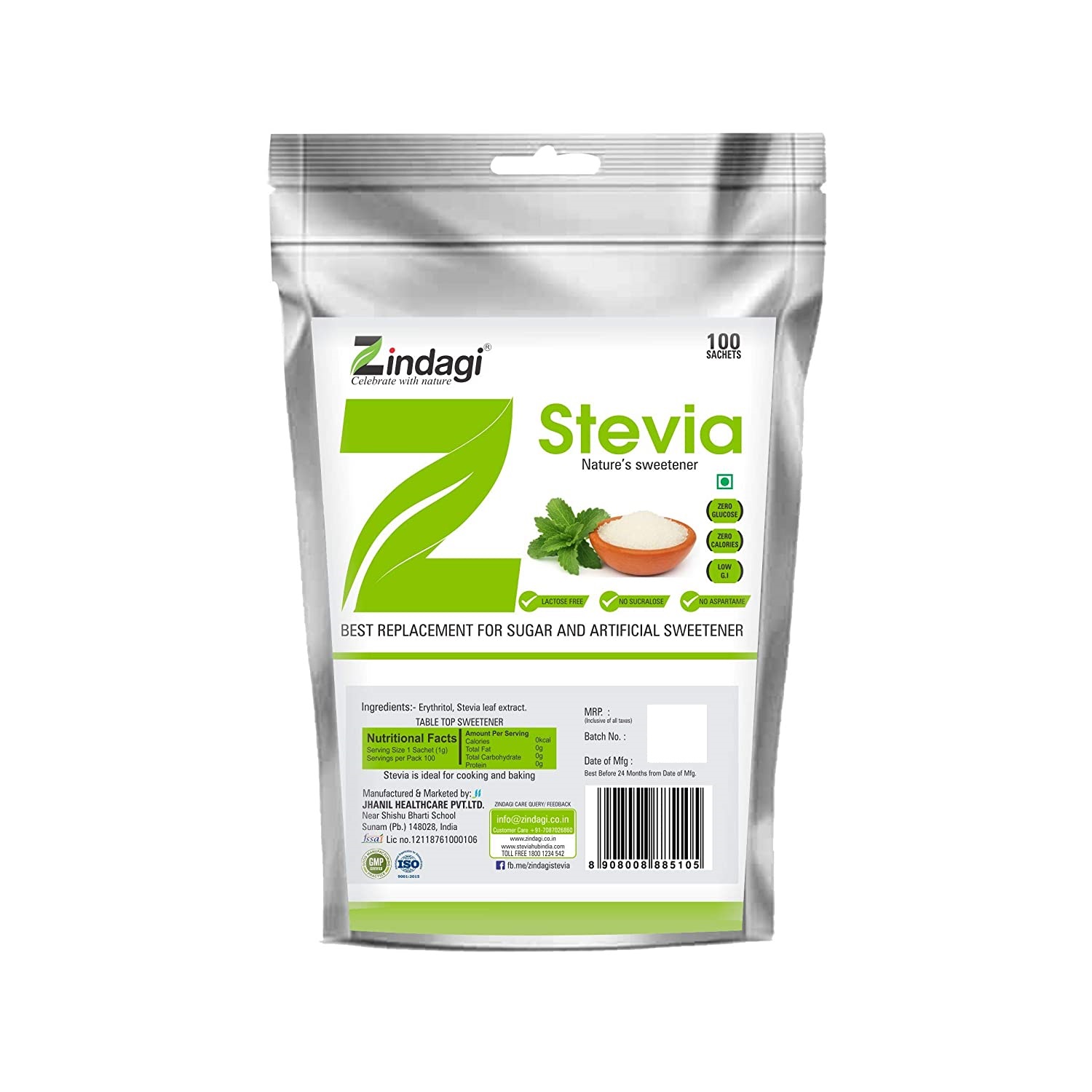Buy Zindagi Stevia Sachets - Pure Stevia White Powder - Natural Fat Burner - Sugar Free Sweetener,100 Sachets(Pack of 1) at Best Price Online