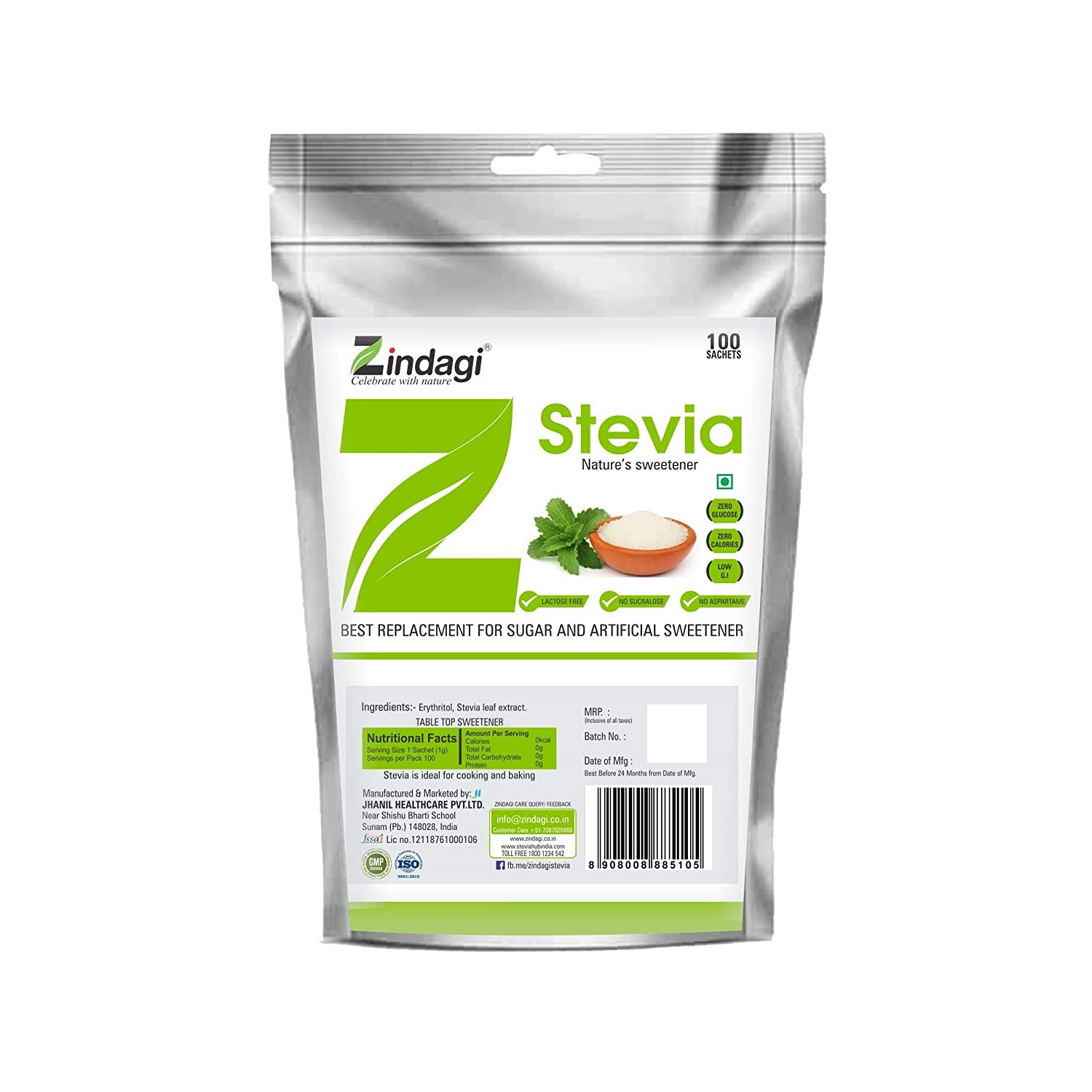 Zindagi Stevia Sachets - Pure Stevia White Powder - Natural Fat Burner - Sugar Free Sweetener,100 Sachets(Pack of 1)