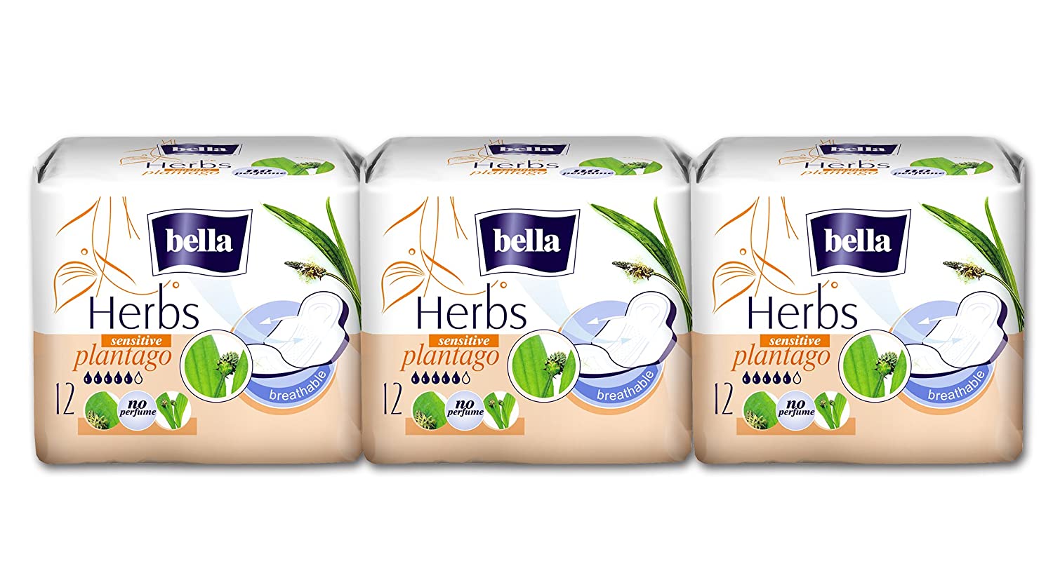 BELLA HERBS SANITARY PADS  SENSITIVE WITH PLANTAGO 12 PCS PACK OF 3