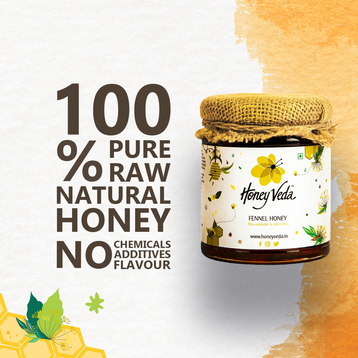 HoneyVeda Natural Fennel Raw Mono Floral Honey Unprocessed and Unpasteurized (250 Grams)