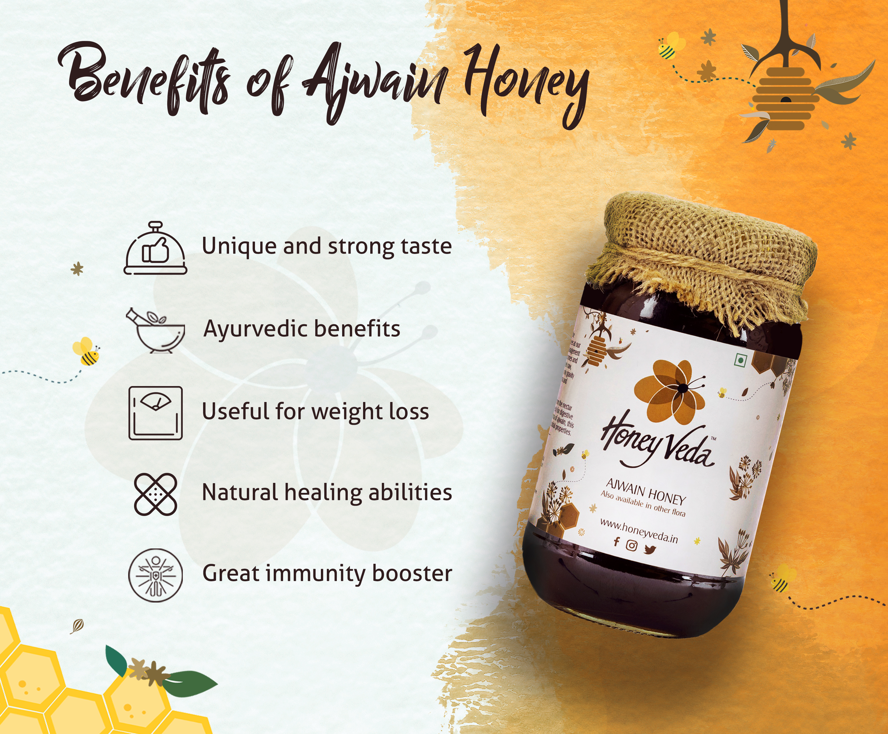 HoneyVeda Natural Ajwain Raw Honey Unprocessed and Unpasteurized -  Mono Floral (500 Grams)