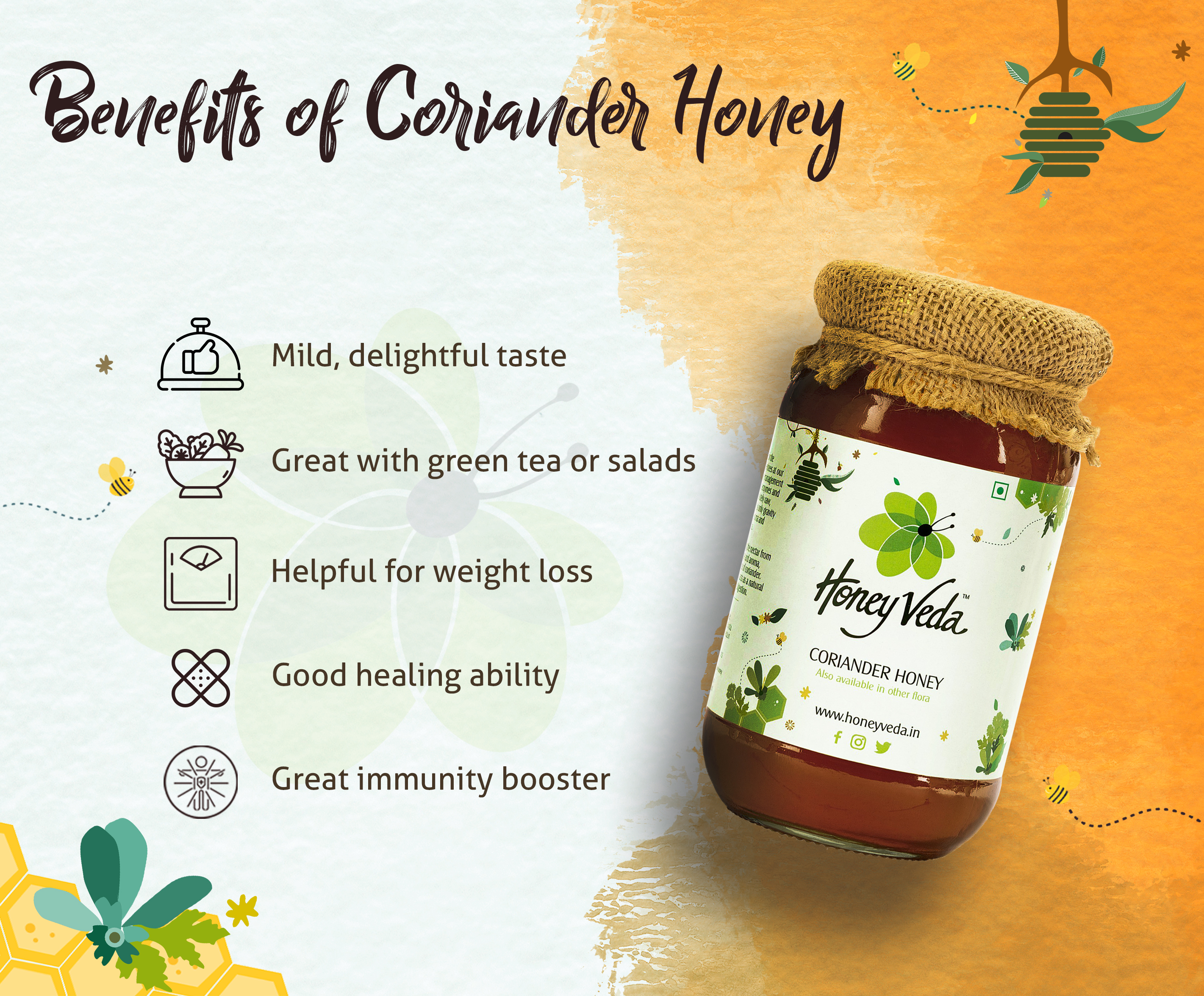 HoneyVeda Natural Coriander Raw Mono Floral Honey Unprocessed and Unpasteurized (250 Grams)