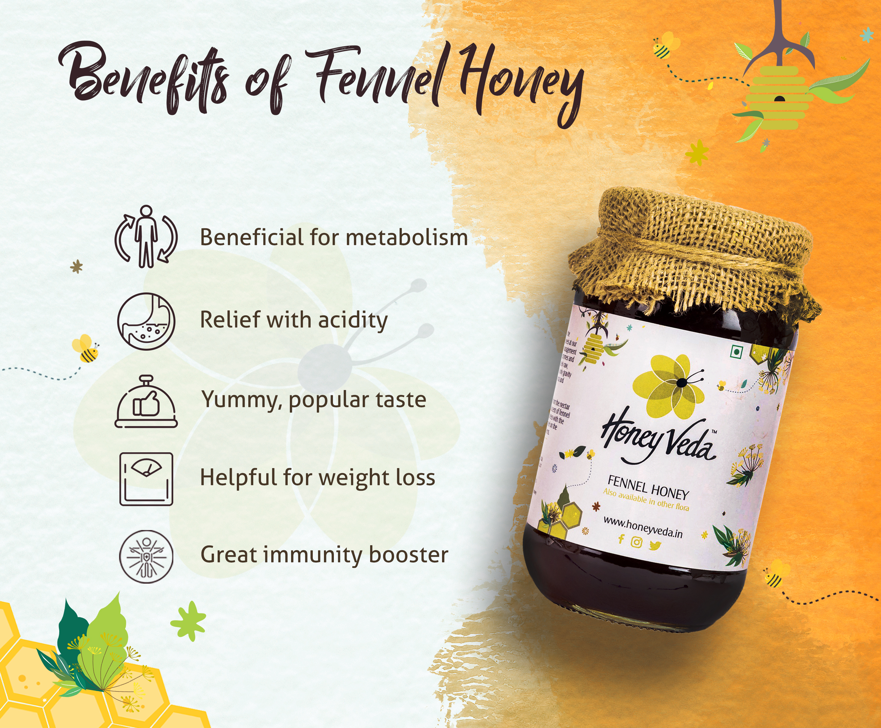 Buy HoneyVeda Natural Fennel Raw Mono Floral Honey Unprocessed and Unpasteurized (500 Grams) at Best Price Online